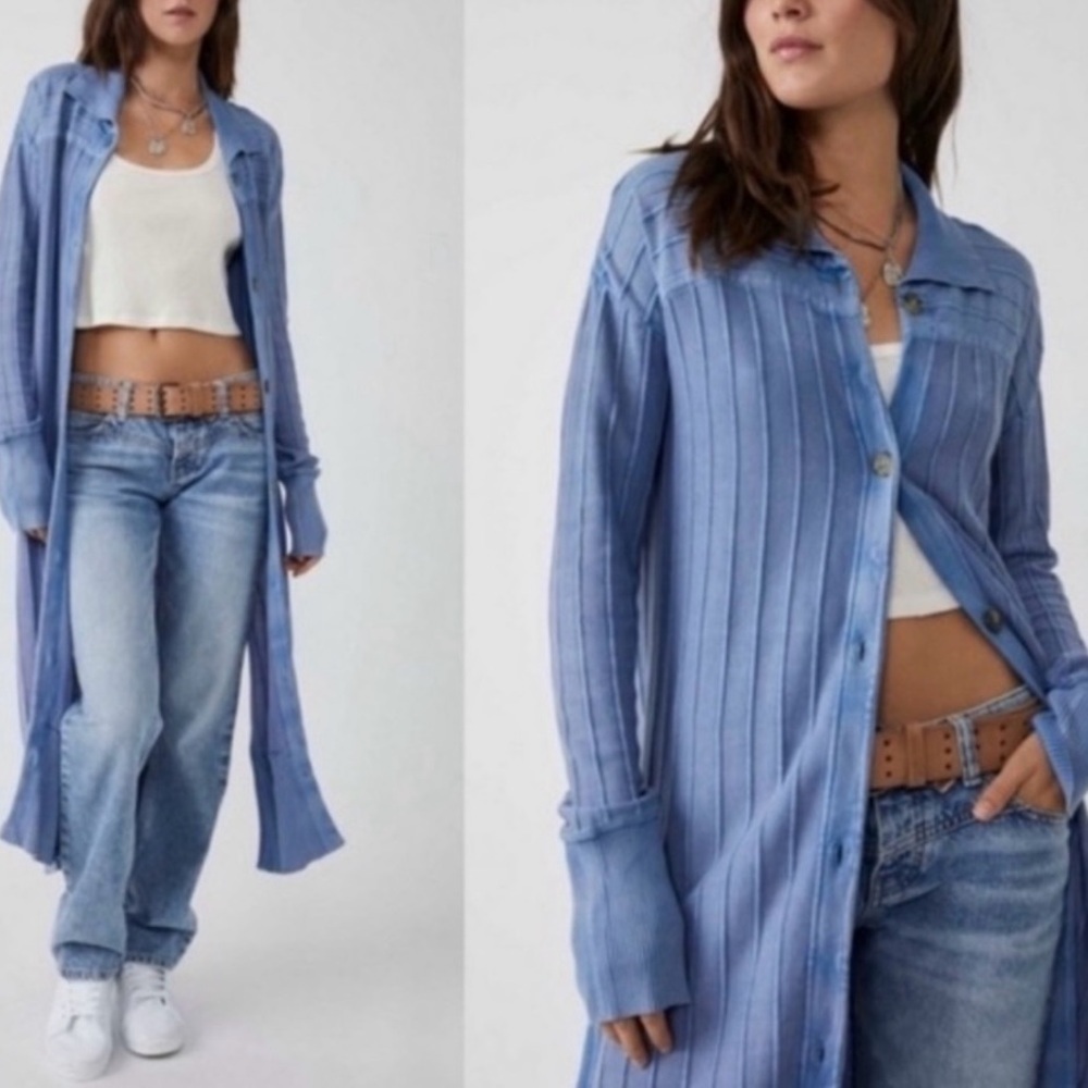 Free People Collared Blue Longline Cardigan